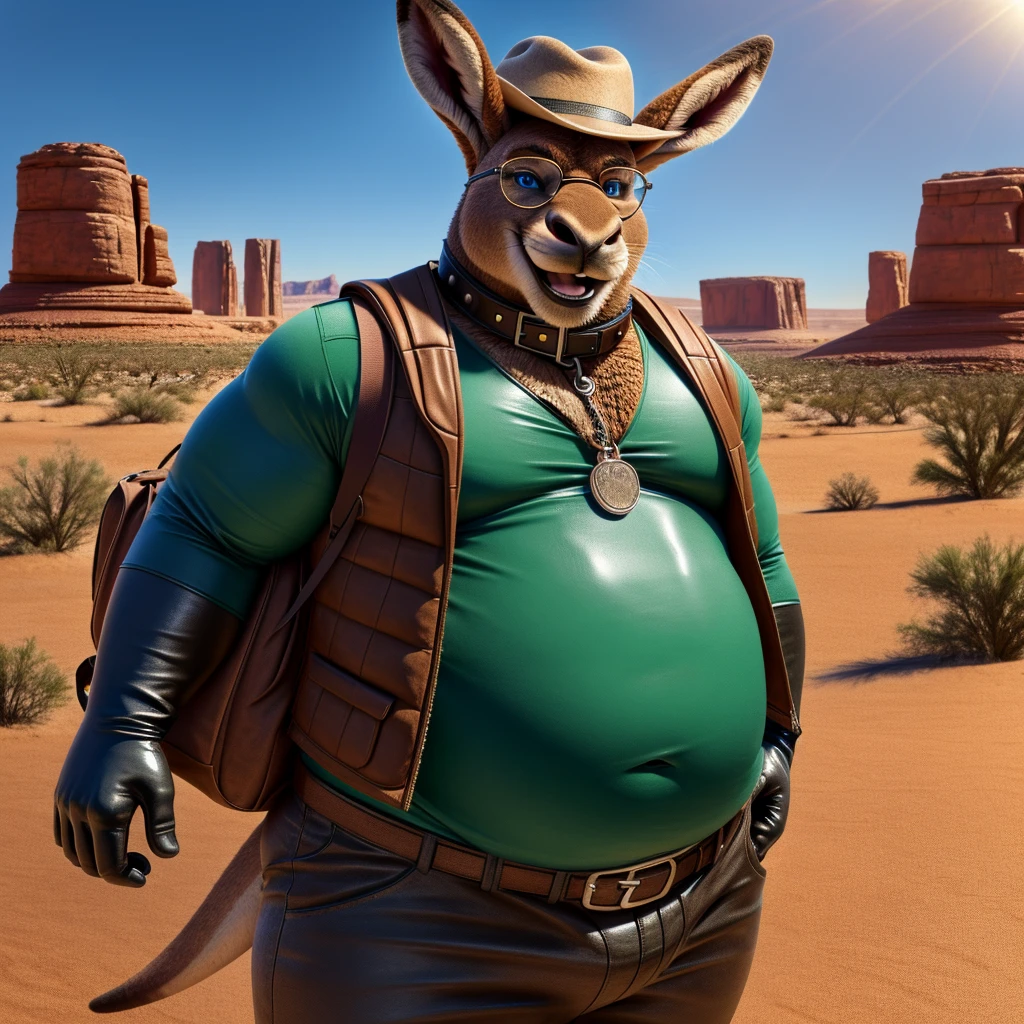 Male, fat, extremely obese, Kangroo, blue eyes, (posing:1.3), (soft shading), 4k, hi res, ((detailed face, detailed)), looking at viewer, smile, open mouth, desert, cactus, shirt, hat, male focus, cowboy shot, glasses, pants, bag, vest, backpack, sleeves rolled up, round eyewear, brown headwear, brown vest, whiskers, Kangaroo is wearing a glossy leather dog collar around the neck, Kangaroo is wearing the leather collar and shirt and vest at the same time, Kangroo is wearing glossy black rubber gloves on the hands, gloves are rubber in texture.