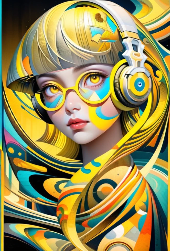 (((yellow glasses:1.3))), headphone, short hair, blunt bangs,Please turn the provided image into a painting keeping the same agape face features and realistic likeness and with the following characteristics: Art Style: Flowing Picasso style. Colors: Vibrant and dynamic, using bold and contrasting colors like the photo Details: Emphasize abstract shapes and flowing lines to capture the essence of her features. Mood: Artistic and expressive, with a surreal and imaginative touch. Background: Complementary to the Picasso style, potentially with abstract elements or patterns. Note: The final image should creatively reinterpret her likeness in a way that feels both unique and artistic, reminiscent of Picasso's distinctive and abstract painting style. Mohawk and steampunk clothing by worlds best photographer, punk rock, extremely realistic, muted colours, soft lighting, 8k, hi-res,