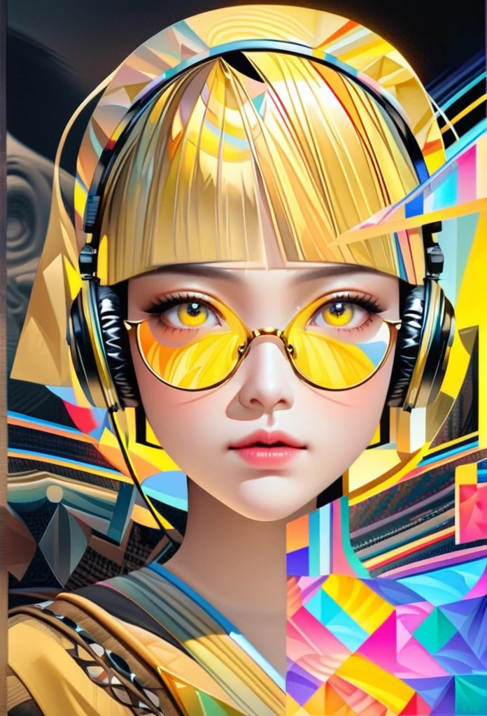 (((yellow glasses:1.3))), headphone, short hair, blunt bangs,Please turn the provided image into a painting keeping the same agape face features and realistic likeness and with the following characteristics: Art Style: Flowing Picasso style. Colors: Vibrant and dynamic, using bold and contrasting colors like the photo Details: Emphasize abstract shapes and flowing lines to capture the essence of her features. Mood: Artistic and expressive, with a surreal and imaginative touch. Background: Complementary to the Picasso style, potentially with abstract elements or patterns. Note: The final image should creatively reinterpret her likeness in a way that feels both unique and artistic, reminiscent of Picasso's distinctive and abstract painting style. Mohawk and steampunk clothing by worlds best photographer, punk rock, extremely realistic, muted colours, soft lighting, 8k, hi-res,