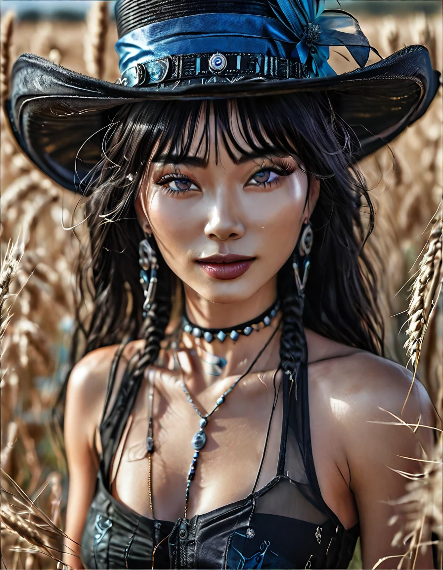 Human singer with blue face wearing melanistic black horsehair hat. Full view of black horsehair hat in field of view. Bust shot, high resolution, sharp focus, (ultra detailed, highly detailed) Highly detailed CG Unity 8k wallpaper), ((vibrant colors, vibrant theme))), (intricate), (masterpiece), (best quality), art photo, (photo by sldr), (intricate background), perfectly rendered face, perfect facial details, realistic face, photorealistic, ((intricate details)), ((realism))), full body, wide field of view