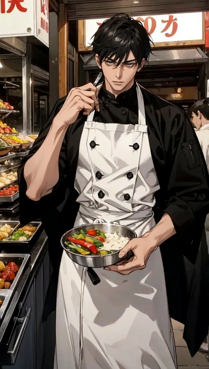 A handsome young man with black hair, dressed in a professional chef's outfit, is standing at a bustling street food stall. He is focused and skillfully preparing a delicious dish, with various cooking utensils and ingredients around him. The background features a vibrant market scene with other food stalls, colorful signs, and a crowd of people eagerly waiting for their food, emphasizing his dedication and expertise in the culinary arts.

