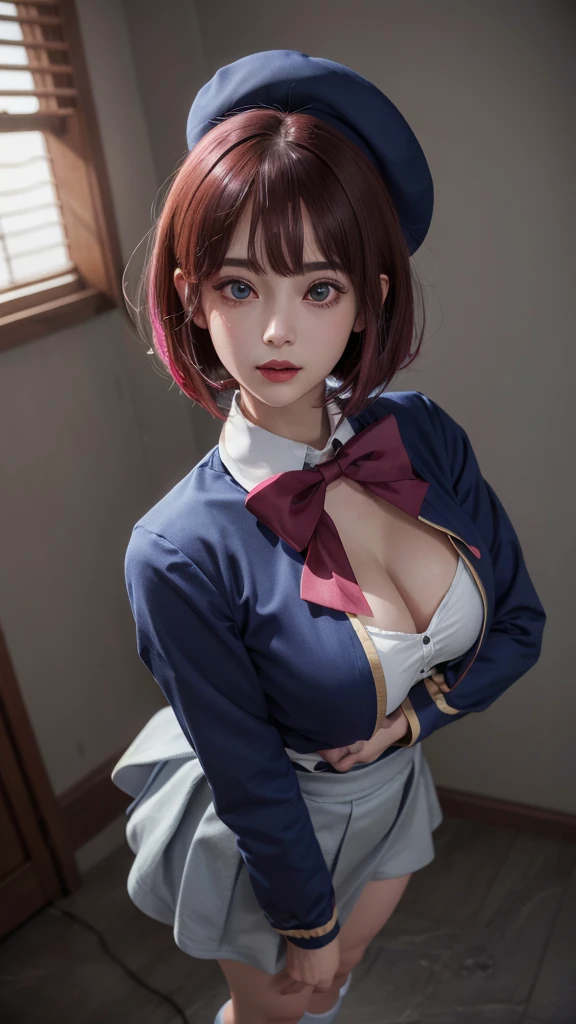 Top quality, 8k, 32k, Masterpiece, photorealistic, realistic, (photorealistic:1,4), solo, slight smile, dramatic lighting, professional makeup, breasts, (natural big breasts: 1.3), (seductive), beautiful white face shining, beautiful face, pink cheeks, beautiful lips, porcelain skin, detail intricate, super detailed, super high, highest detailed, high detailed, delicate, incredible detailed, fine detailed, cinematic lighting, top quality, smooth and beautiful, CG, unity, 8k wallpaper, Stunning, fine detail, unity CG wallpaper 8k ultra-detailed, large file size, masterpiece, best quality, highres, aakana, aakana, short hair, beret, red eyes, blue headwear, red bowtie, collared shirt, blue jacket, open jacket, long sleeves, grey skirt, standing, idle, full body, portrait, direct cam, legs, thigh