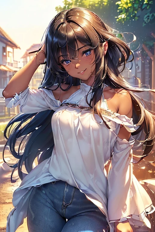 #Basics A girl is posing for a photo, animeのかわいい女の子, (((One Girl, , Young girs old))),
Bhing Accessories
((Blue denim bell bottoms) + (A simple white off-shoulder shirt), (She's wearing a light blue summer cardigan)), Wearing white mules),
BREAK
#Features
((Black Hair:1.4 Curly hair:1.4, (Long Hair : Long Hair + Fuller, more voluminous hair + Hair blowing in the wind)),
(Droopy eyes, blue eyes), (Small breasts),
BREAK
#background environment
((noon, Sunshine, blue sky, Tanned and dark skin, Summer resort lodge, Nature is all around)),
#Facial Expression Pose
((Wicked Smile), (Are standing)),
#composition
((Face the camera, Angle from the front, Cowboy Shot:1.4)),
BREAK
#Body parts elements
(Detailed hair, Beautiful Hair, Shiny Hair),
(double eyelid, Long eyelashes),
(Expression of fine eyes, Beautiful and delicate eyes, Sparkling eyes, Eye Reflexes, Glitter Eyeliner),
(Human Ear),
(Beautiful Nose, Thin Nose),
(Glossy lips, Beautiful Lips, Thick lips, Glossy Lips, Natural Cheeks),
(Detailed face, Symmetrical facial features),
(Detailed skin, Textured skin, Beautiful Skin, Shiny skin),
BREAK
#Quality
(((Highest quality)), ((masterpiece)), ((Very detailed))), ((High resolution), (16K,1080P)),
(Realistic), (Anatomically correct),
((comics, anime)), (3DCG), CG illustration,