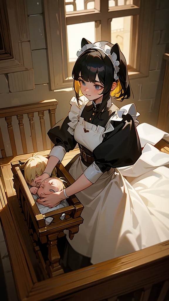 A newborn male baby with blond hair in a crib in a medieval room. with a woman with black hair and dog ears dressed as a medieval maid going to pick up the baby from the crib 