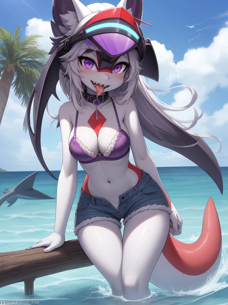 ((best quality, Masterpiece, Complete anatomy, Detailed pictures)), 1 female, arctic protogen, shark girl, Long visor, purple visor, purple eyes, sexy body, Big Pong, Chest 87, Waist 57, Thigh 86, naked, Shark tail, red red, shy, in the sea, Denim short, white bra, shorts, Stick out your tongue and drool.