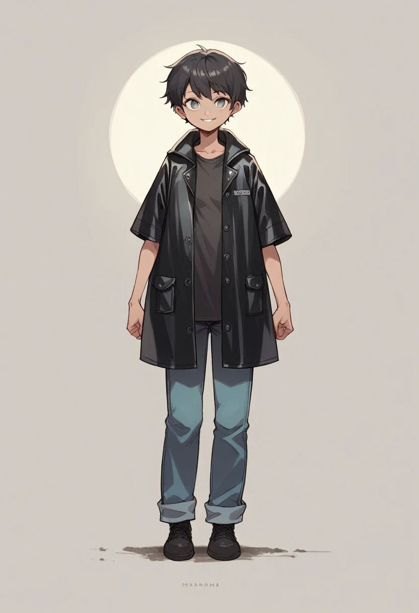 ((very tall girl)), 1 girl, full height, black very short hair, small breasts, in a long black leather raincoat, raincoat unbuttoned, small breasts, gray eyes, smiling, T-shirt and pants under the raincoat