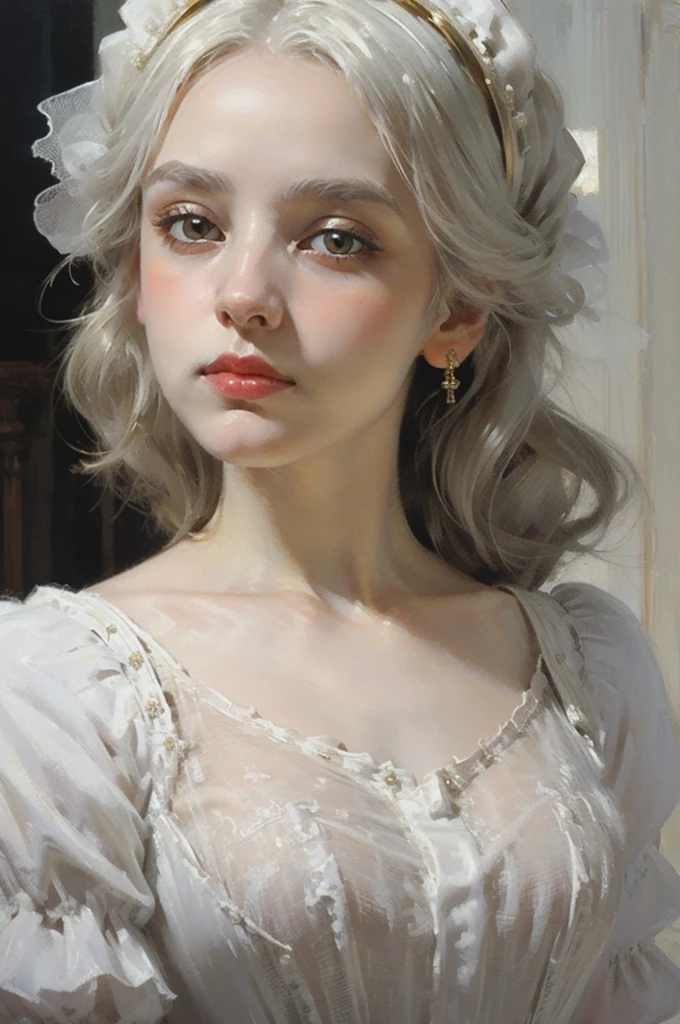 classical painting, ((close-up: 1.4)), details of the face of a girl in a white dress, (Victorian evening dress: 1.3), young girl, pale skin, detailed drawing of the face, white hair, gold eyes, monochrome image with accent color,