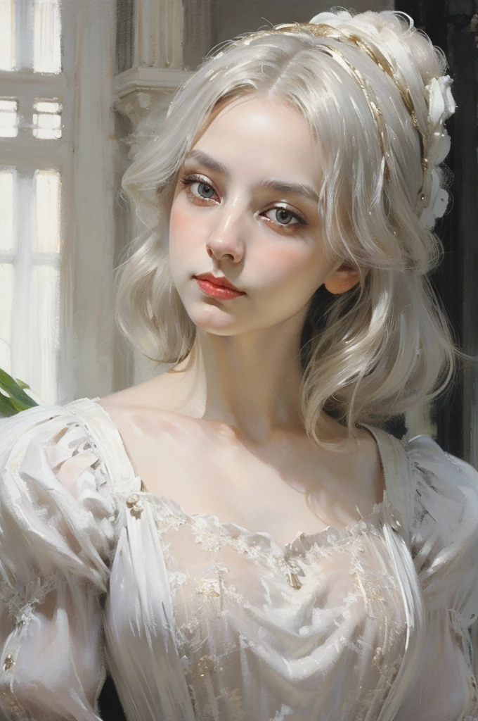 classical painting, ((close-up: 1.4)), details of the face of a girl in a white dress, (Victorian evening dress: 1.3), young girl, pale skin, detailed drawing of the face, white hair, gold eyes, monochrome image with accent color,