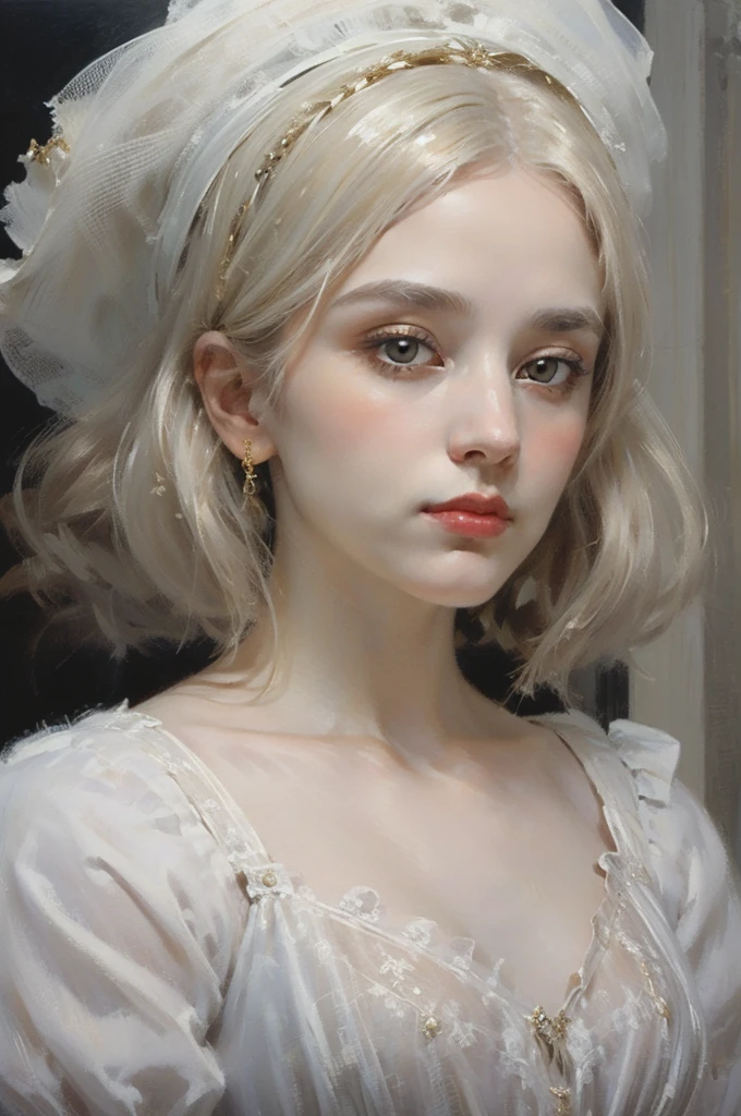 classical painting, ((close-up: 1.4)), details of the face of a girl in a white dress, (Victorian evening dress: 1.3), young girl, pale skin, detailed drawing of the face, white hair, gold eyes, monochrome image with accent color,