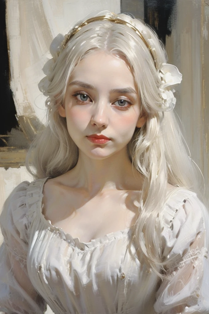 classical painting, ((close-up: 1.4)), details of the face of a girl in a white dress, (Victorian evening dress: 1.3), young girl, pale skin, detailed drawing of the face, white hair, gold eyes, monochrome image with accent color,