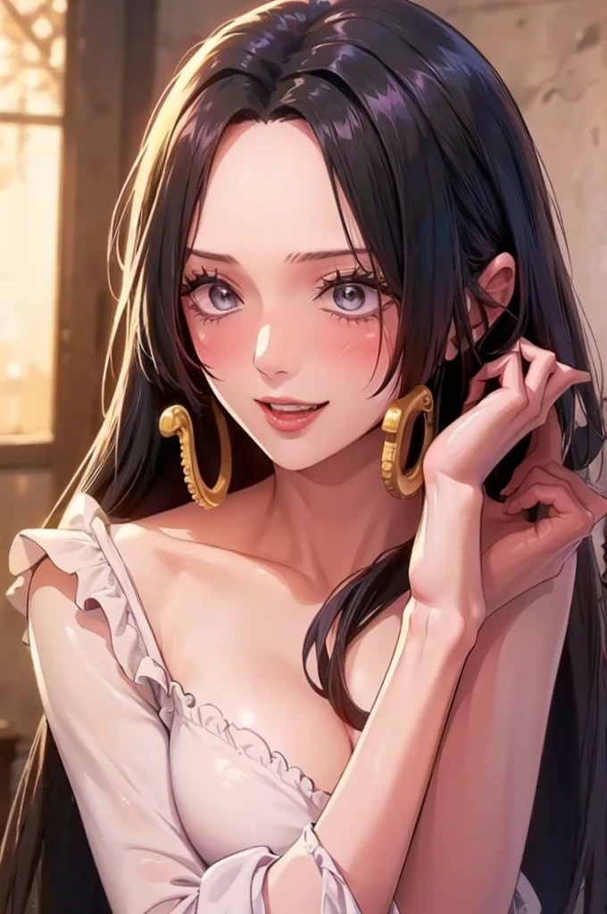 best quality, masterpiece, highly detailed,1girl, Boa Hancock, , (masterpiece:1.5), Detailed Photo, Smiling, Sexy, (8K, Best Quality: 1.4), (1girl), Beautiful Face, (anime realistic Face), (Black Hair, long Hair: 1.3), Beautiful Hairstyle, Realistic eyes, beautiful detail eyes, (white skin), beautiful skin, absurd, attractive, ultra high resolution, ultra realistic, high definition, golden ratio, (sexually aroused:1.5), Pinkish white skin, cool white light, Beautiful , white background, pink soft white light, Wear a black bodycon dress, (messy hair:1.8), (bukkake:1.8)