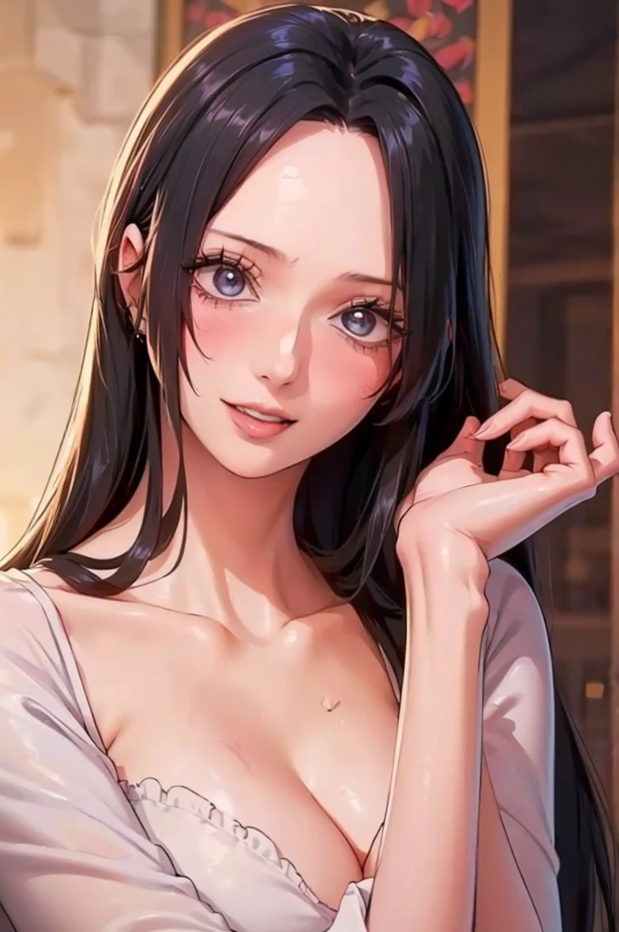 best quality, masterpiece, highly detailed,1girl, Boa Hancock, , (masterpiece:1.5), Detailed Photo, Smiling, Sexy, (8K, Best Quality: 1.4), (1girl), Beautiful Face, (anime realistic Face), (Black Hair, long Hair: 1.3), Beautiful Hairstyle, Realistic eyes, beautiful detail eyes, (white skin), beautiful skin, absurd, attractive, ultra high resolution, ultra realistic, high definition, golden ratio, (sexually aroused:1.5), Pinkish white skin, cool white light, Beautiful , white background, pink soft white light, Wear a black bodycon dress, (messy hair:1.5), (masturbate:1.5)