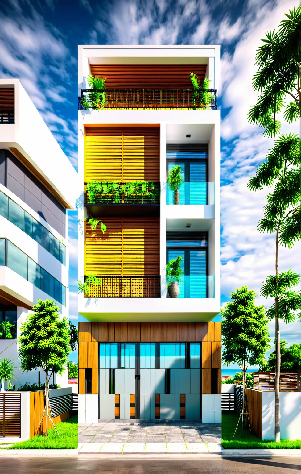 modern villa on street, (overcast lighting:1.2), tropical tree, vivid color, streetcapes, nice sky, grey wood and white tone, (large glass door:1.2), warm interior lighting, modern material, best quality, ultra realistic, masterpiece, 17ArchiAI_XL_VL-v1