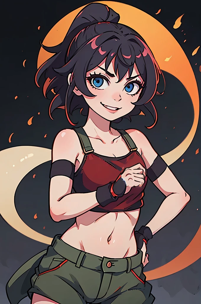 girl holding a katana, perfect smile, fighting pose, skimpy, fingerless gloves, perfect hands, perfect katana, glowing katana