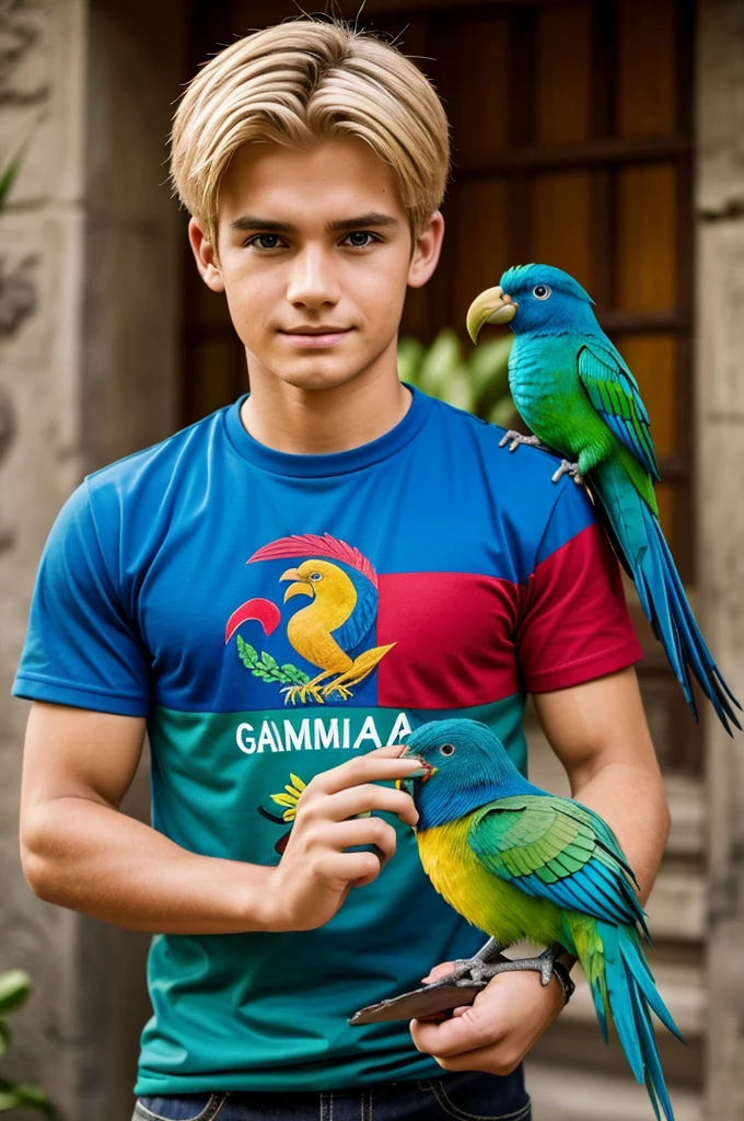 You could generate an image of a blonde cartoon boy wearing his Guatemalan flag-themed shirt., with the national bird of Guatemala the quetzal the green bird, In his hand