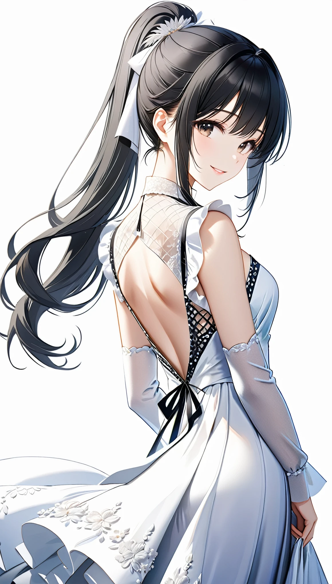 (((White background:1.5)))、(very wide shot)、(masterpiece、Ultra HD、Highest quality、Masterpiece、4K:1.2)、Slender body、 Intricate details, Highly detailed fingers、Black hair ponytail、White elegant dress, Intricate details、smile、happiness、whole body、Are standing、(((look back:1.5)))