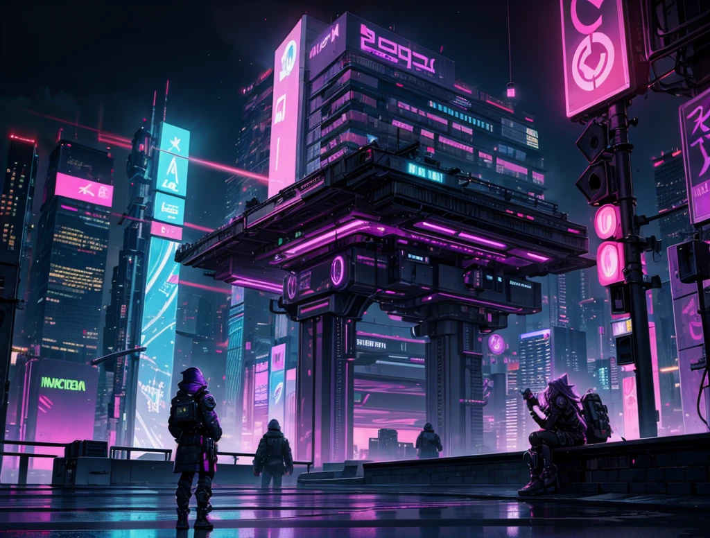 cyberpunk city, neon light, ight, HDR, futuristic building, purple light, purple moon, purple theme, traffic light, 4k resolution, landscape