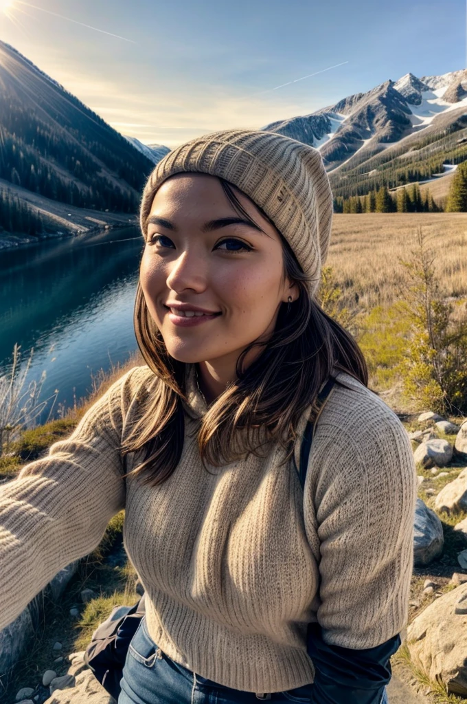 photograph, photo of beautiful woman, selfie, upper body, solo, wearing pullover, outdoors, (night), mountains, real life nature, stars, moon, cheerful, happy, gloves, sweater, beanie, forest, rocks, river, wood, smoke, fog, looking at viewer, skin texture, photo grain, close up, RAW photo