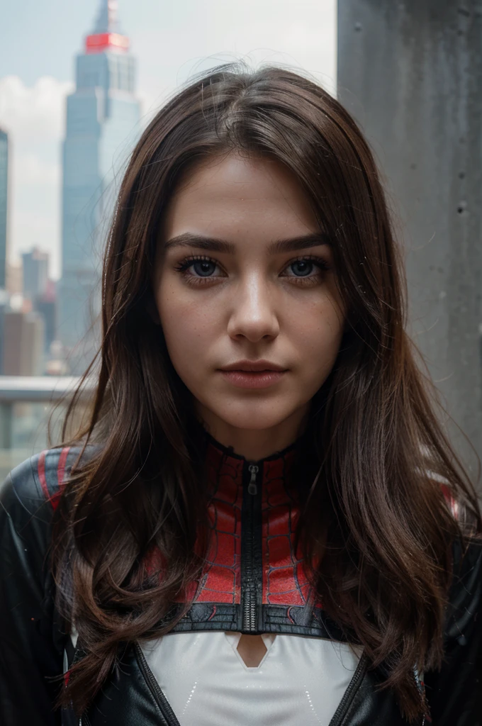 (1girl:1.3), Solo, (((Very detailed face)))), ((Very detailed eyes and face)))), Beautiful detail eyes, Body parts__, Official art, Unified 8k wallpaper, Super detailed, beautiful and beautiful, beautiful, masterpiece, best quality, original, masterpiece, super fine photo, best quality, super high resolution, realistic realism, sunlight, full body portrait, amazing beauty, dynamic pose, delicate face, vibrant eyes, (from the front), She wears Spider-Man suit, red and black color scheme, spider, very detailed city roof background, rooftop, overlooking the city, detailed face, detailed complex busy background, messy, gorgeous, milky white, highly detailed skin, realistic skin details, visible pores, clear focus, volumetric fog, 8k uhd, DSLR, high quality, film grain, fair skin, photo realism, lomography, futuristic dystopian megalopolis, translucent, long hair brown, eyes brown, cheek red soft
