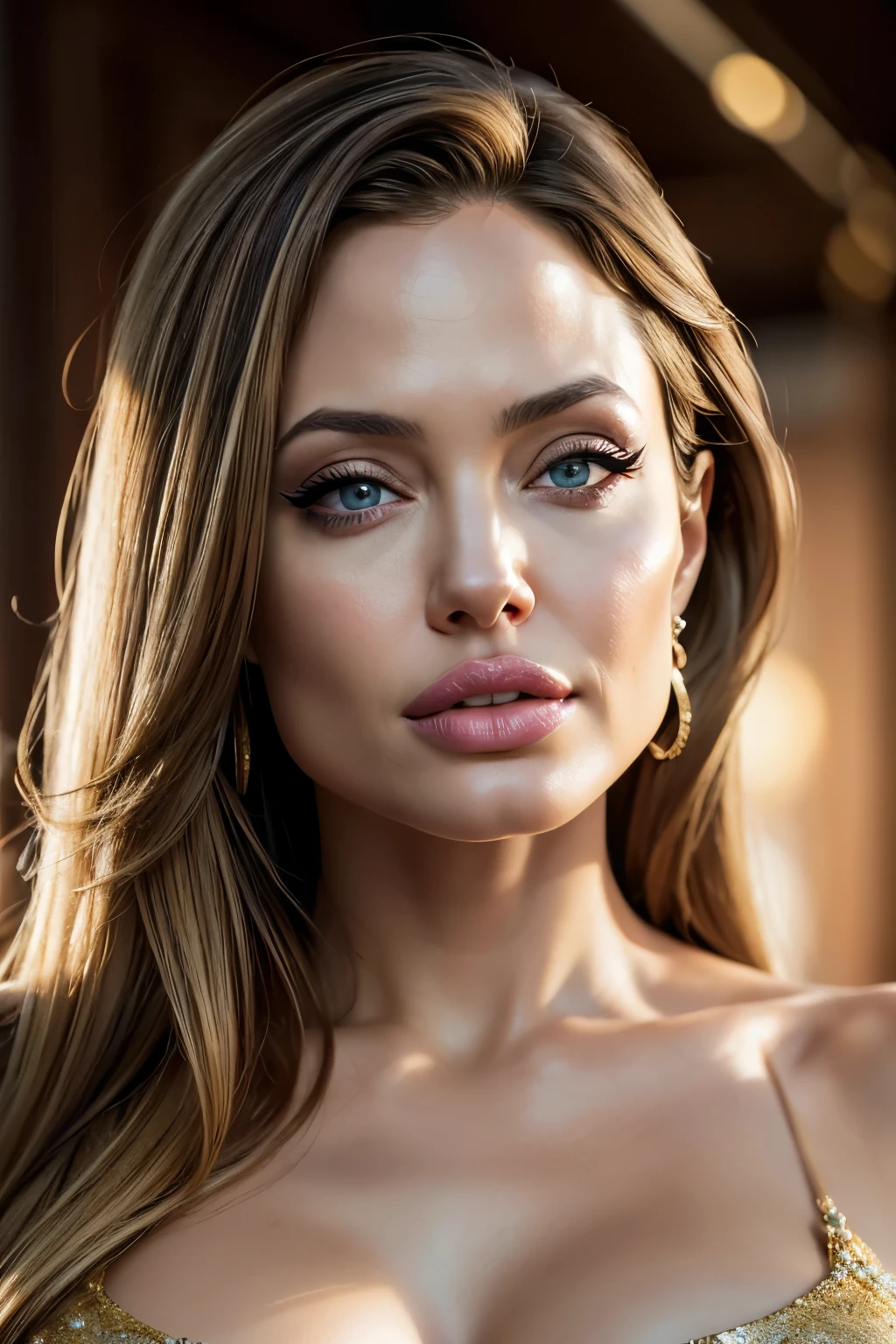 (best quality,4k,Alto:1.2),ultra-detalhado,Realistic, photo, professional, studio lighting, vivid colors, sharp focus, Physically-based rendering,HDR, extremely detailed eyes and face, beautiful detailed lips, long eyelashes, Actriz Angelina Jolie, woman 20 years, blond, Curvy, Looking at the Viewer,