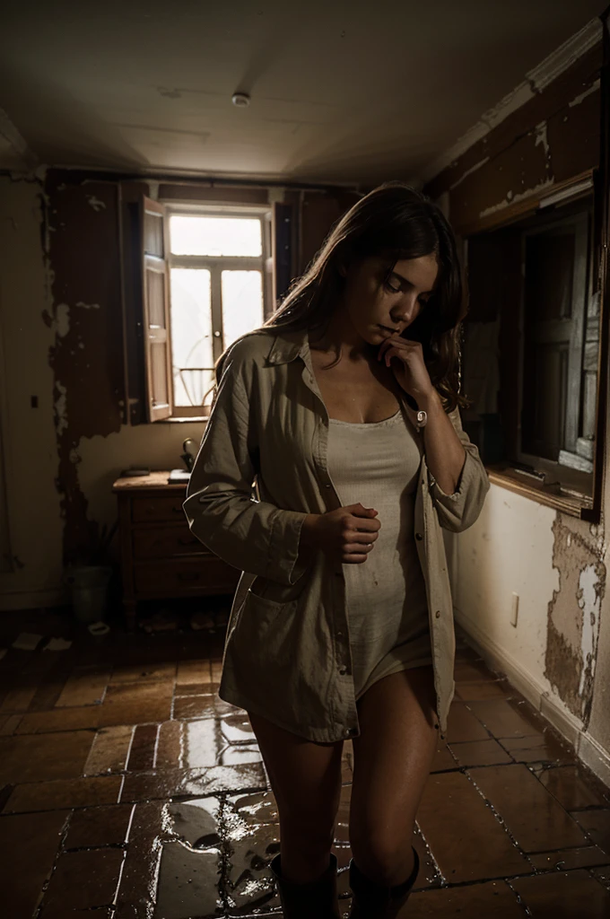 On a stormy night, Emily sought refuge in an old, decrepit mansion. The rain pounded