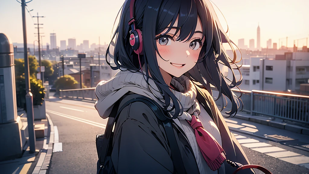 A very beautiful 18-year-old Japanese woman with the city in the background. The woman has small earphones in her ears and looks very happy.