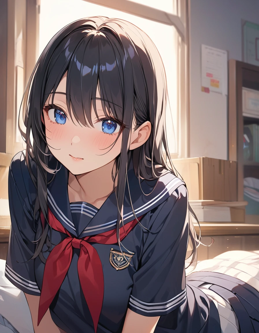 (Highest qualityのイラスト:1.2), (pretty girl:1.1), (1 girl、17 years old、Highest qualityのイラスト:1.2), (1 girl、Kind eyes、blue eyes:1.2)、Black Hair、Semi-long hair、(Highest quality、Very detailed、Ultra-high resolution) 、High School Uniform｛Sailor suit、Red neckerchief、Short sleeve、Cleavage)、School classroom、Slightly larger breastature
