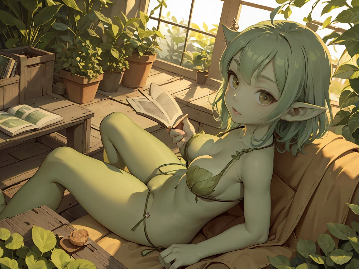 ((best quality)), ((masterpiece)), (detailed), 4k, green skin, pointy ears, goblin girl, innocent, naive, feral, cute, absurdres, soft skin, wearing leaf bikini, sitting on the floor of a greenhouse reading picture books, learning, studious, detailed eyes, medium size breasts