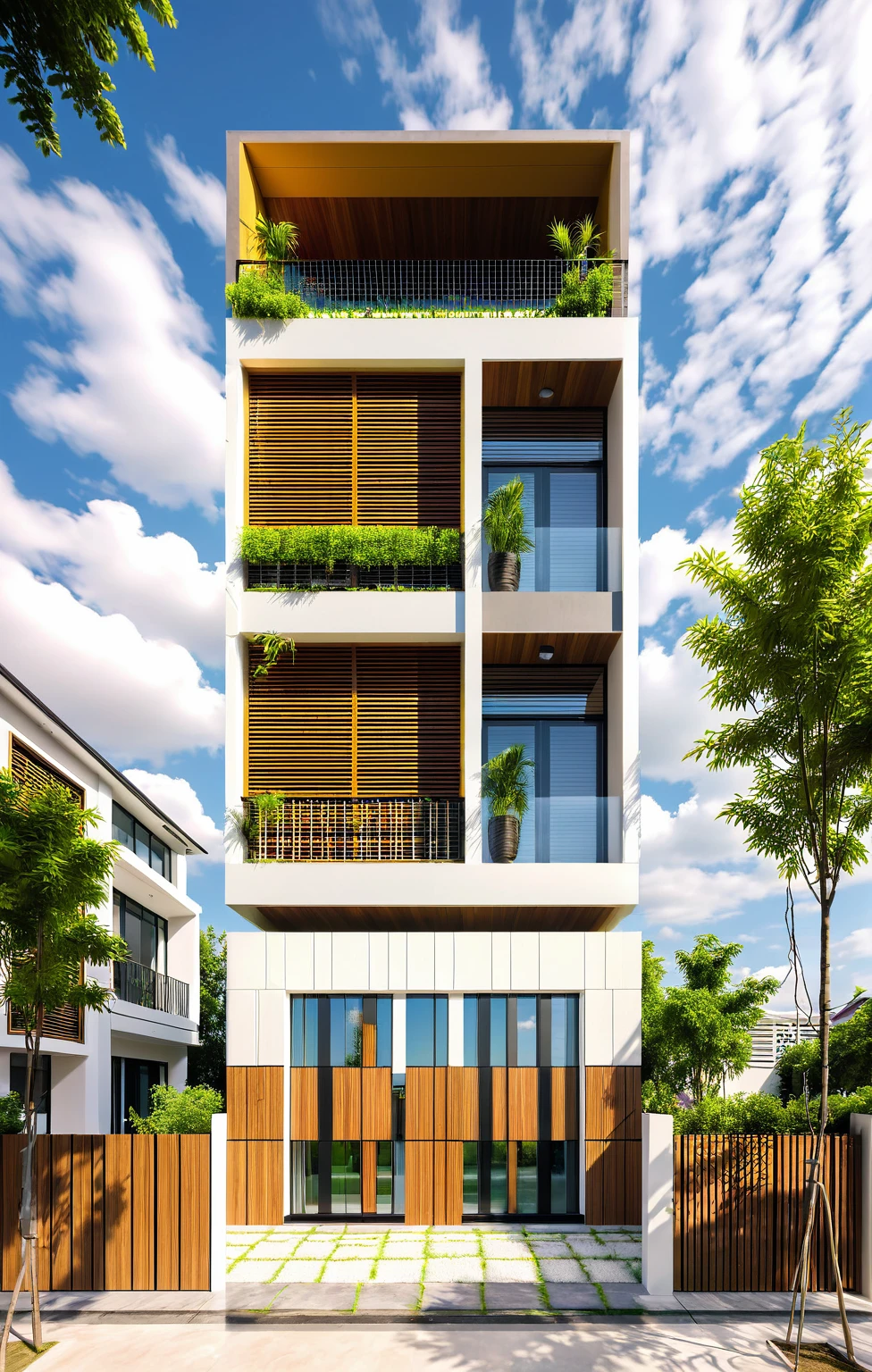 townhouse, (modern style:1.2), exterior design, perspective view, (white wall:1.3), wooden ceiling, open roofs, (block sidewalks and asphalt roads), (real sky background), Low trees around the house, overall peaceful atmosphere cinematic photo, (Neutral lighting is suitable for the modern villa, light color thermometer lighting), (architectural design visualization), (reflection), (focus on object), (material normal bump real reflection), (scattered light), (light ray), (multi-beam light), (sunbeam) (multi-level reflection), (corona software visualization render:1.2),(((Best Quality))), ((Masterpiece)), ((best illustration)), ((best shadows)), ((Super Detail)), (Intricate lines), (Photorealism),(hyper detail), ((archdaily)), ((award winning design)), (dynamic light), ((day)), spotlight, (perfect light), (shimering light), ((photorealistic)), ((intricate detail)), ((extreme detail)), ((science)), ((hyper-detail)), ((super detail)), ((super realistic)), ((crazy detail)), ((octane render)), ((Cinematic)), ((trending on artstation)), ((High-fidelity)), ((Viwvid)), ((Crisp)), ((Bright)), ((Stunning)), ((Eye-catching)), ((High-quality)),((Sharp))((Bright)), ((Stunning)), ((natural sun environment)), ((Eye-catching)), ((Illuminating)), ((Flawless)), ((High-quality)),((Sharp edge render)), ((medium soft lighting)), ((photographic render)), ((detailed archviz)), ((reality environment)), (modern townhouse design architectural design facade), (modern townhouse facade roof design), (modern townhouse facade wall design), (modern townhouse facade decoration material design) (townhouse facade door and window design modern), (environmental lighting design), (modern townhouse facade lighting design), (modern townhouse front gate and fence design), (tree decoration design for townhouse facade), (Design lights for gate posts and fences), (townhouse facade railing design)