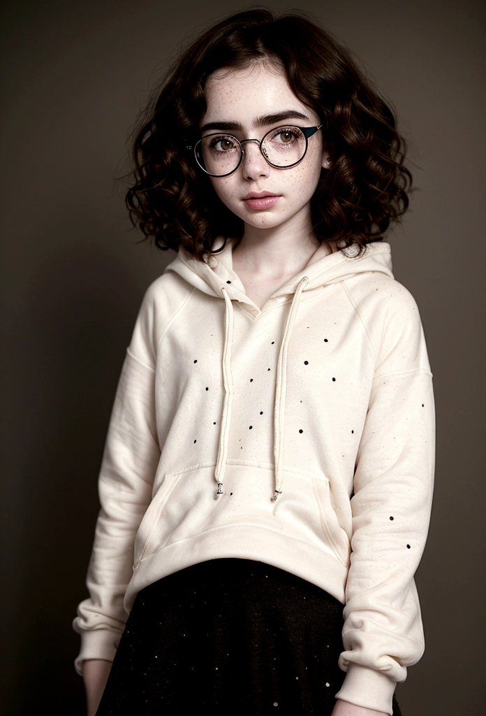Lily Collins,((13 years old, short messy curly dark brown hair, pale skin, freckles, wears glasses)), Irish tween girl fitness model, half body picture, Detailed skin, Looking at Viewer, Perfect Style, (plain white hoodie, long black cotton skirt), full body shot
