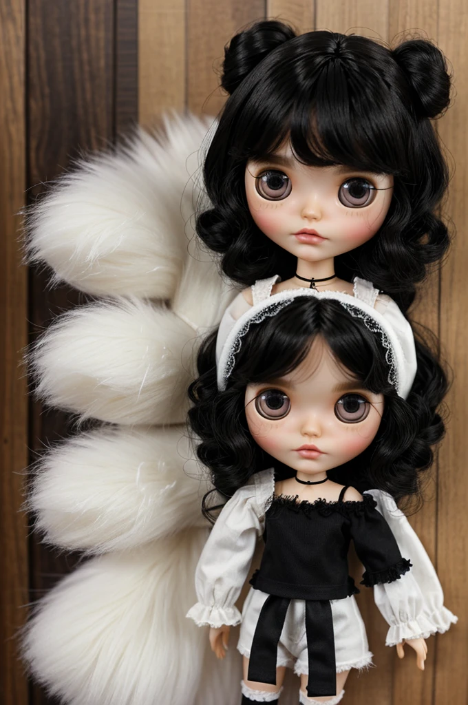Create a blythe doll with black hair, wavy and a little fluffy that is short to the shoulders and that it has white fur and freckles and lastly that it wears black clothes