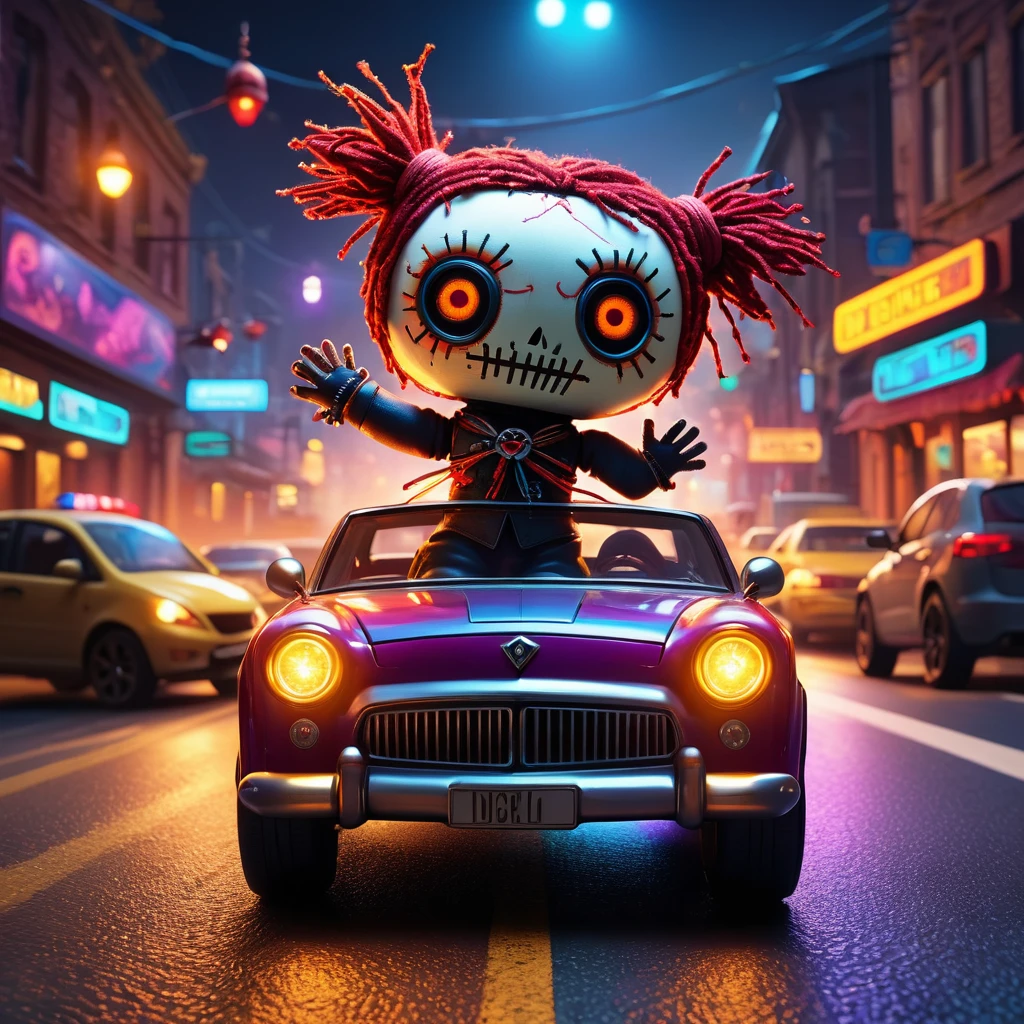 (knitted toy voodoo doll:1.5), (Voodoo in Parking Lot:1.3), (Clothing: casual attire:1.0), (Accessories: enchanted car key, glowing parking meter:1.1), (background: busy parking lot with floating cars, glowing street lights, and bustling activity:1.2), best quality, masterpiece, detailed soft oil painting, detailed background, dramatic cinematic lighting, soft edge lighting, professional, dramatic lighting, hard edge lighting, ultra quality, 4k,masterpiece, best quality, 8k, ultra highres, highres, extremely detailed