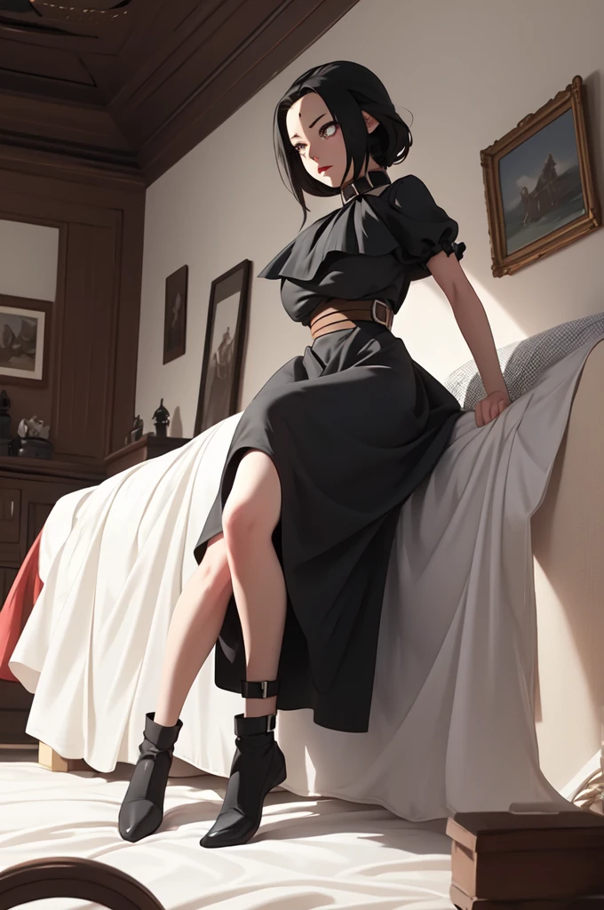 (masterpiece, best quality), 1girl,   AgataWitch, thick black dog collar around neck, black dress, bedroom, full body,