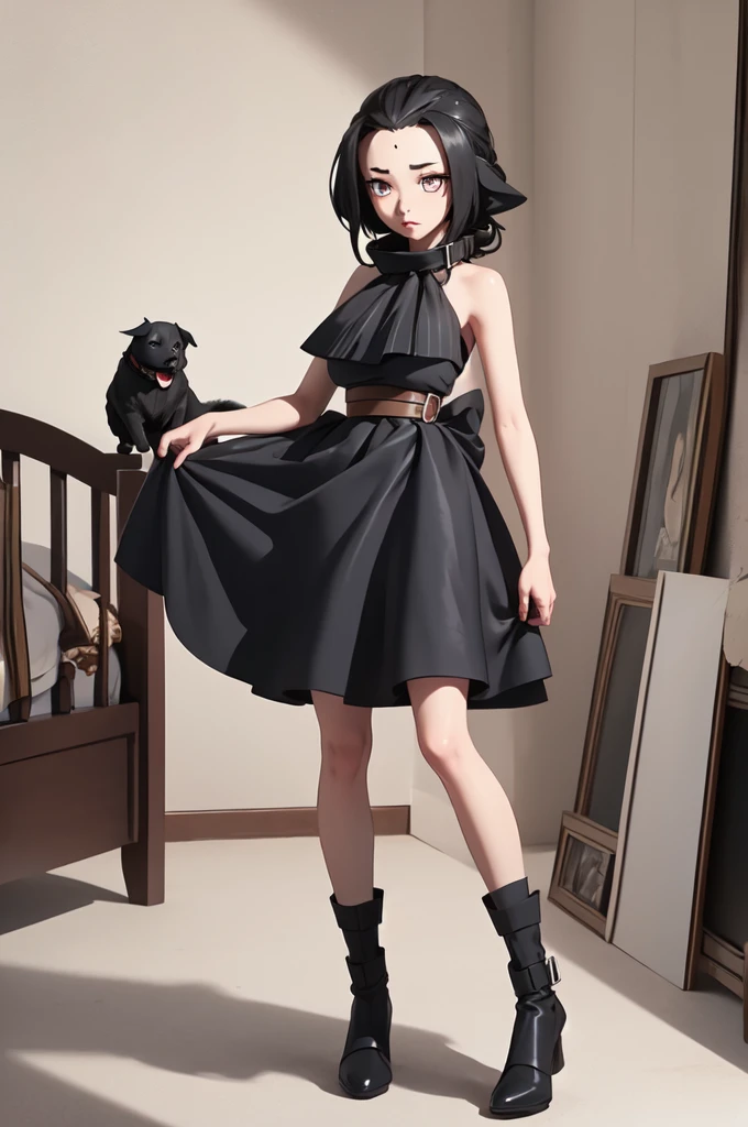 (masterpiece, best quality), 1girl, AgataWitch, thick black dog collar around neck, black dress, bedroom, full body,