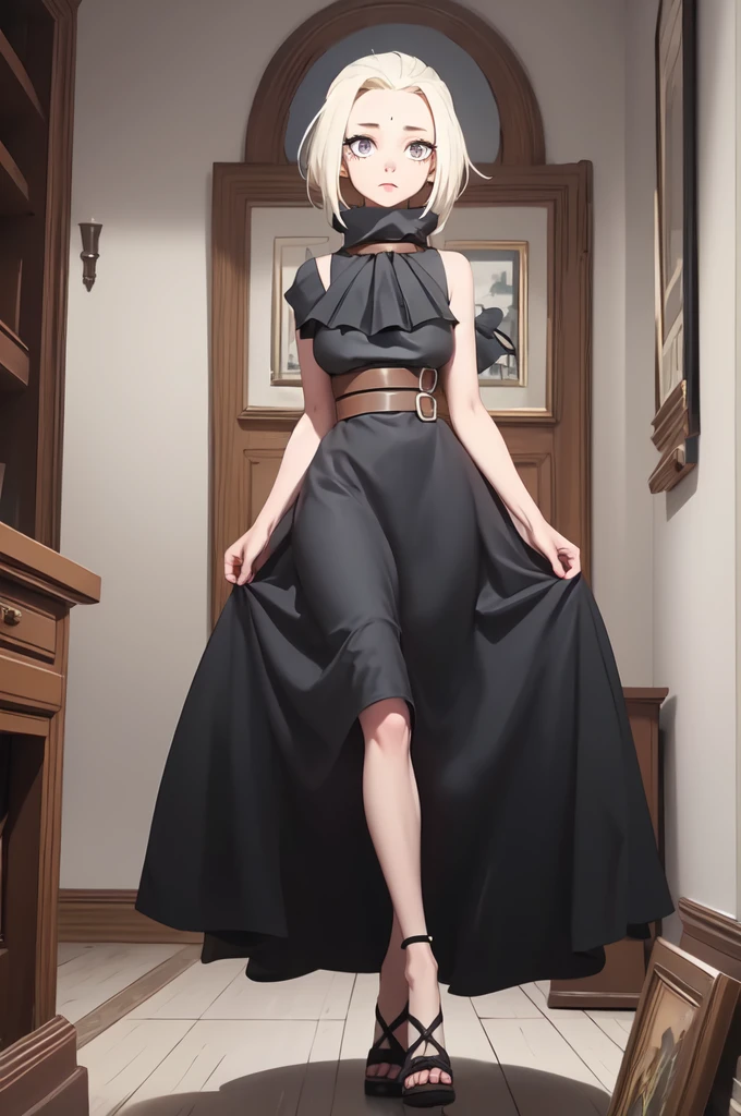(masterpiece, best quality), 1girl,   AgataWitch, thick black dog collar around neck, black dress, bedroom, full body,