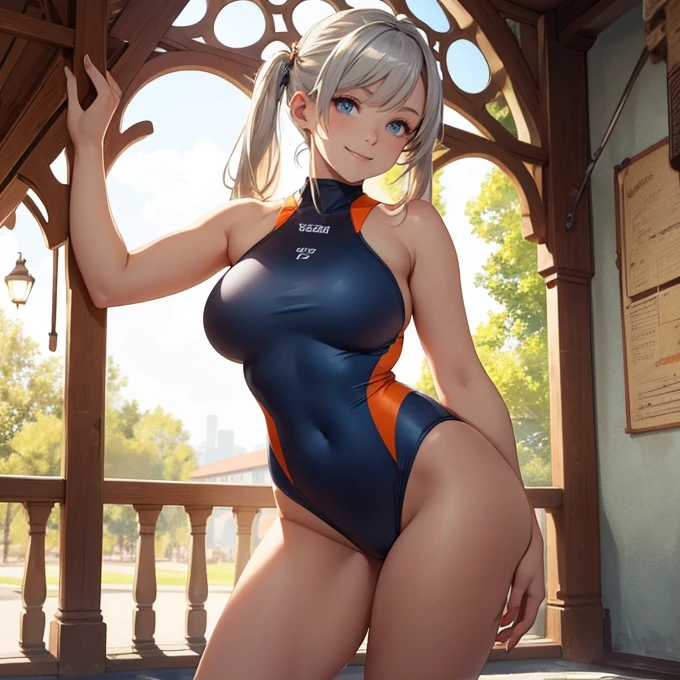 (masterpiece image, very detailed image, best high quality high definition image High very detailed Quality image, Very detailed high quality image), 1 solo character alone.
Norse girl, absolute beauty, 24 years old, fair skin, blue eyes, sexy beauty features, straight short golden blonde hair tied in two short little pigtails with silver hairpins, voluptuous body, big breasts, round butt, beautiful legs, beautiful, smiling cheerful face and happy, (wears an orange one-piece swimsuit)
She's walking around a modern half medieval park.