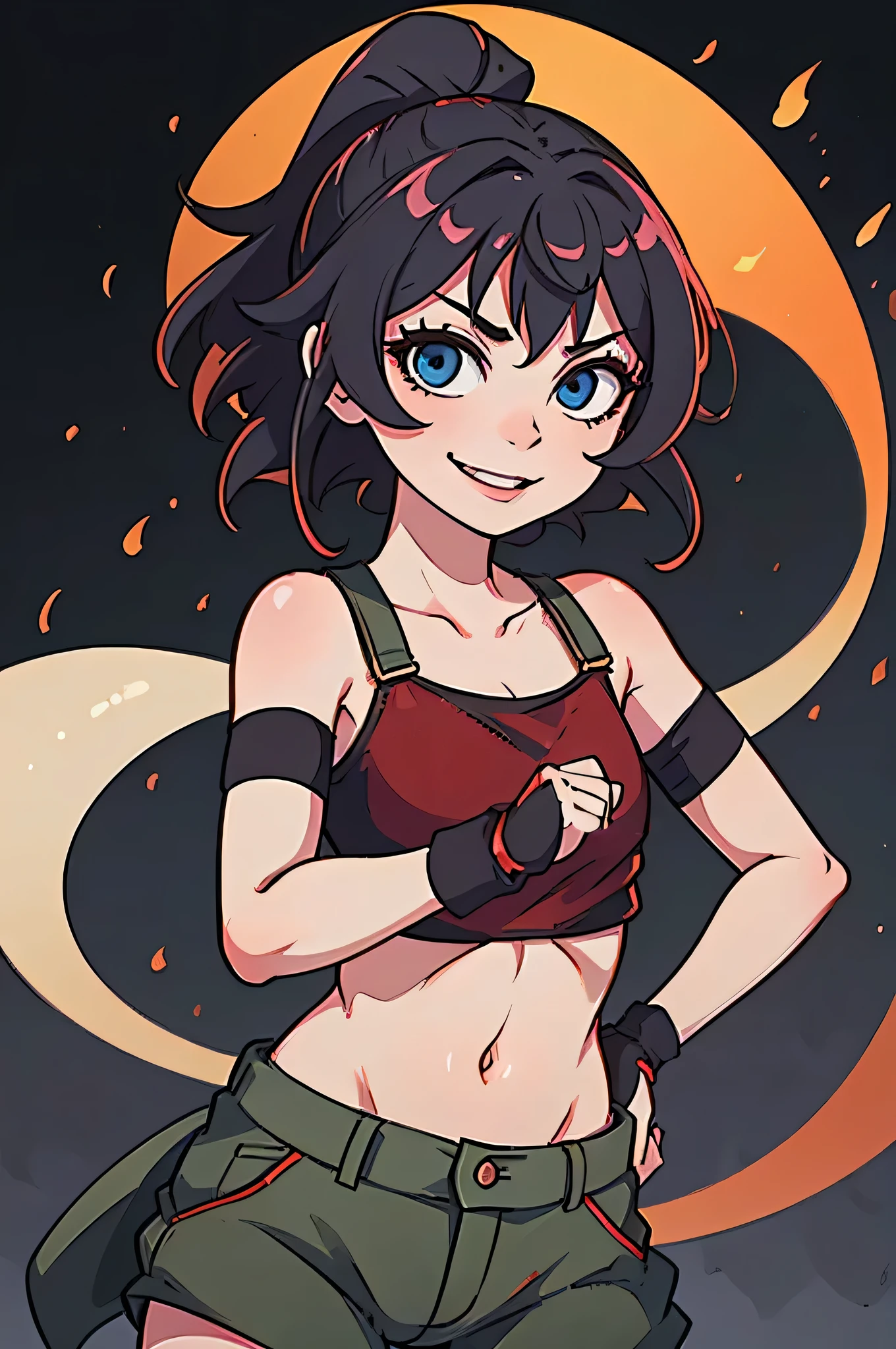 girl holding a katana, perfect smile, fighting pose, skimpy, fingerless gloves, perfect hands, perfect katana, glowing katana