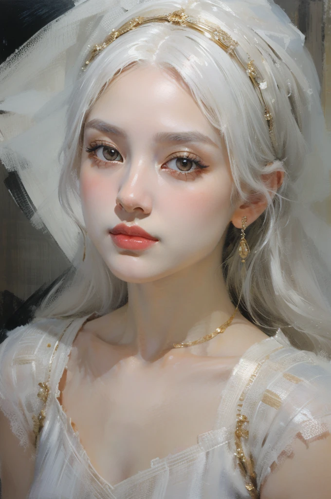 classical painting, ((close-up: 1.4)), details of the face of a girl in a white dress, Asian, young girl, pale skin, detailed drawing of the face, white hair, gold eyes, monochrome image with accent color,