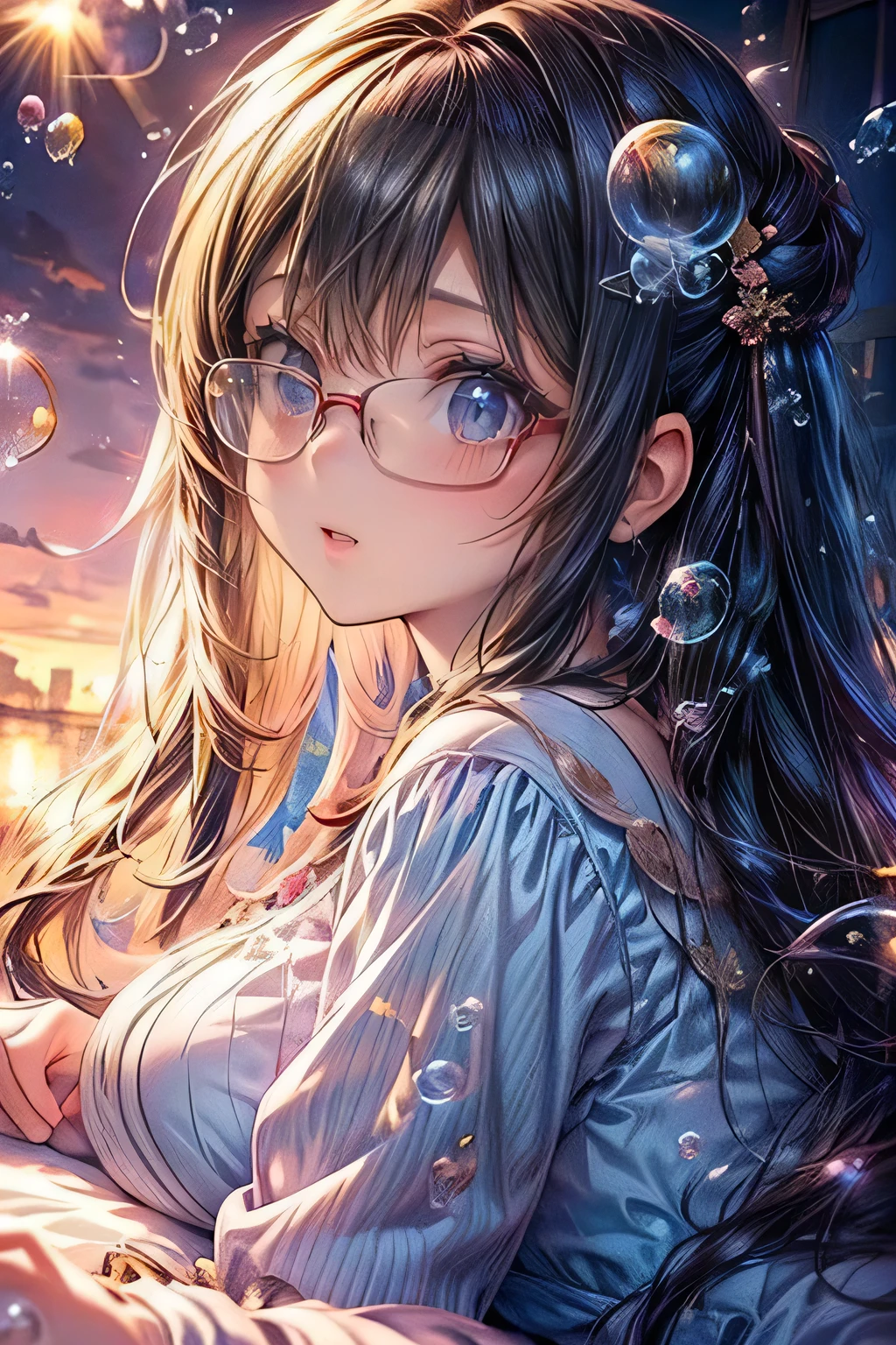 anime girl leaning on bed with bubbles and bubbles in the background, anime moe artstyle, cute anime girl, anime visual of a cute girl, detailed digital anime art, splash art anime , extremely detailed artgerm, kawacy, cute art style, with glasses, cute anime girl portraits, (anime girl), pretty anime girl
