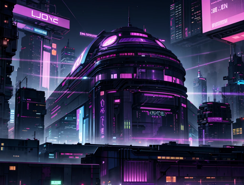 cyberpunk city, neon light, ight, HDR, futuristic building, purple light, purple moon, purple theme, traffic light, 4k resolution, landscape, depth of field