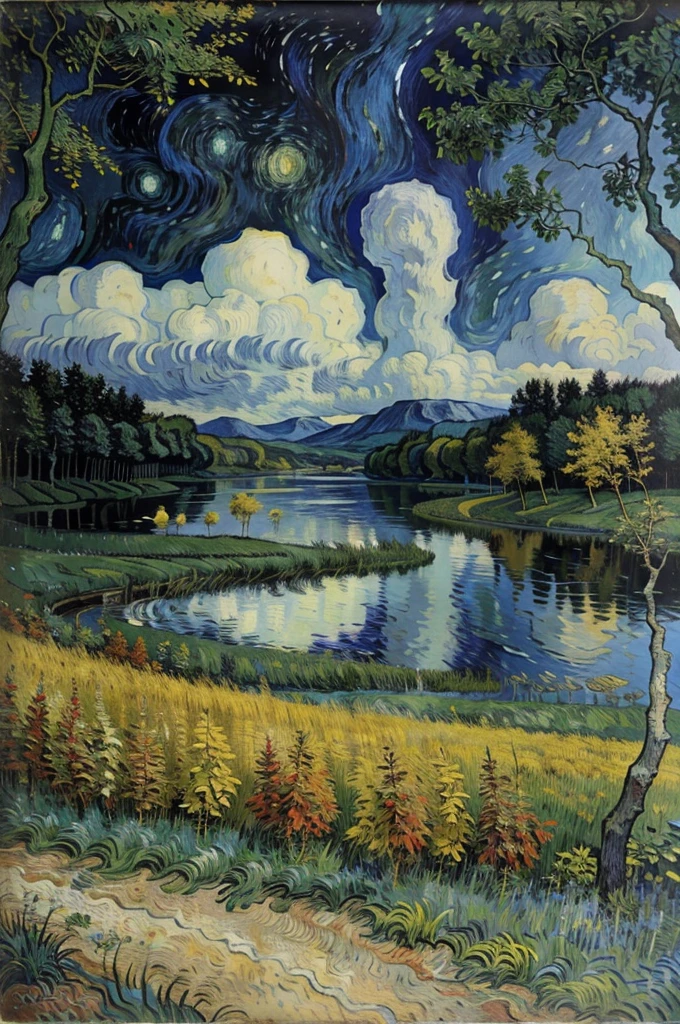 A lake in the middle of the forest, Vincent Wilhelm van Gogh, style，There is a black cat on the road