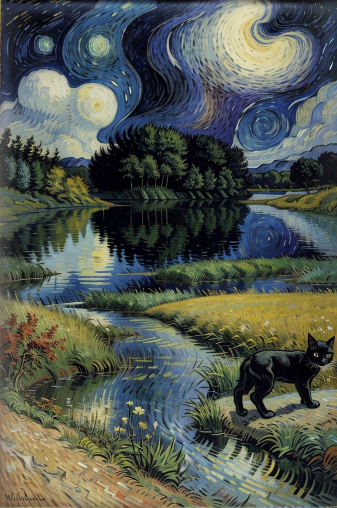 A lake in the middle of the forest, Vincent Wilhelm van Gogh, style，There is a black cat on the road