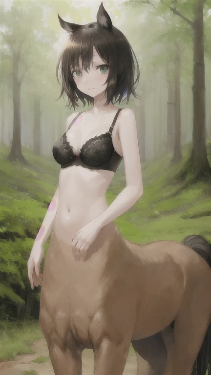 Centaur、whole body、Flat Chest、black leather bra、belly button、Short Hair、Delicate face、Ultra HD、Masterpiece、forest、walk