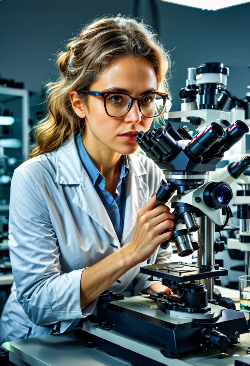 (Wearing Glasses), a scientist is focusing on observing samples under a microscope. Her glasses reflect the laboratory light, and her intelligent gaze is focused and firm. The background is inside the laboratory, full body, (Photography), panoramic view, award-winning, cinematic still, emotional, vignette, dynamic, vivid, (masterpiece, best quality, Professional, perfect composition, very aesthetic, absurdres, ultra-detailed, intricate details:1.3)
