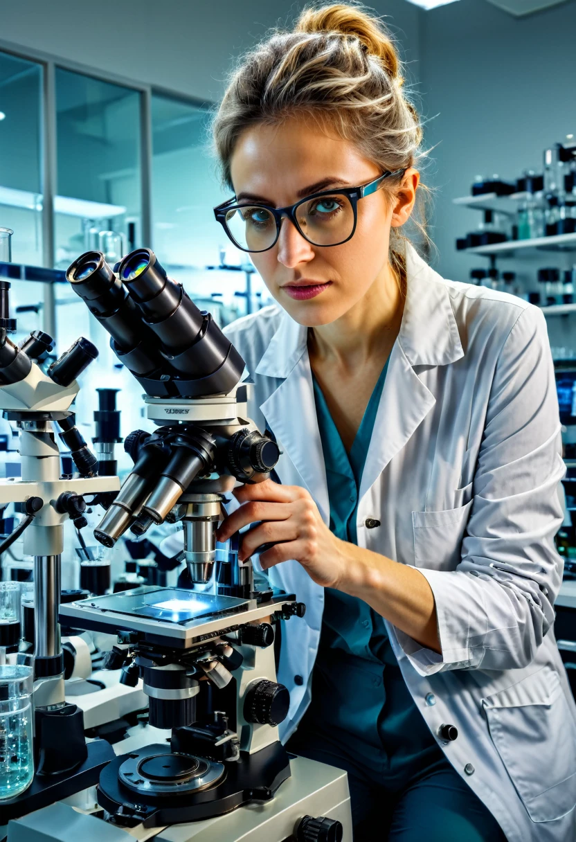 (Wearing Glasses), a scientist is focusing on observing samples under a microscope. Her glasses reflect the laboratory light, and her intelligent gaze is focused and firm. The background is inside the laboratory, full body, (Photography), panoramic view, award-winning, cinematic still, emotional, vignette, dynamic, vivid, (masterpiece, best quality, Professional, perfect composition, very aesthetic, absurdres, ultra-detailed, intricate details:1.3)