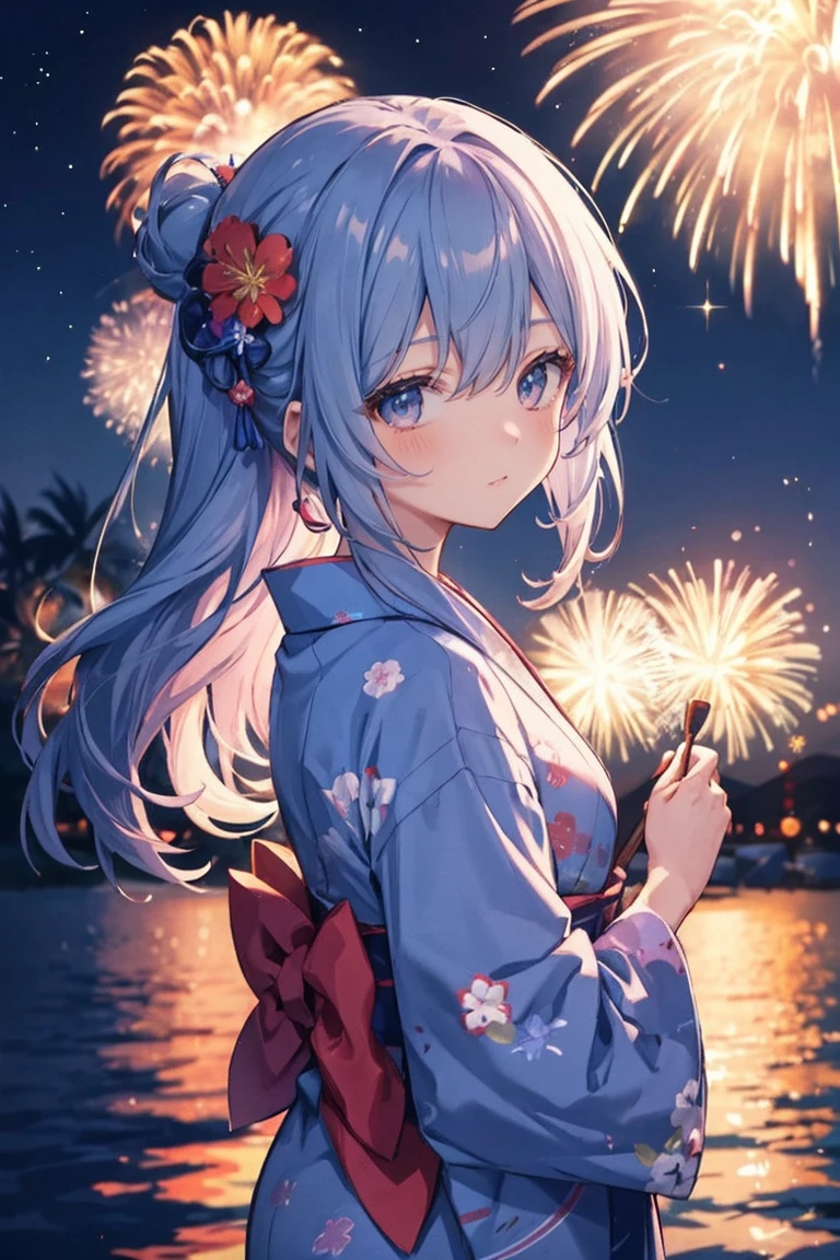 A thoughtful anime-style girl wearing a blue traditional yukata with vibrant floral patterns watches the fireworks。. Her hair is long and a little messy, And she、Illuminating the night sky with countless colors、Look up at the sky filled with dazzling fireworks. You can see the reflection of the fireworks on the nearby water surface., casting a magical ambiance. This scene exudes the lively atmosphere of a summer night with fireworks.。, The characters are immersed in the beauty and excitement of the event..