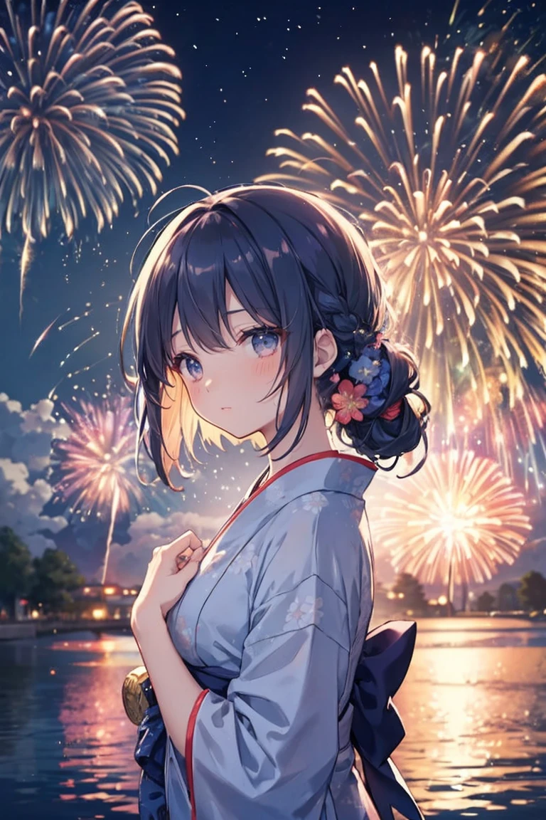 A thoughtful anime-style girl wearing a blue traditional yukata with vibrant floral patterns watches the fireworks。. Her hair is long and a little messy, And she、Illuminating the night sky with countless colors、Look up at the sky filled with dazzling fireworks. You can see the reflection of the fireworks on the nearby water surface., casting a magical ambiance. This scene exudes the lively atmosphere of a summer night with fireworks.。, The characters are immersed in the beauty and excitement of the event..