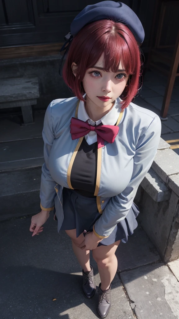 Top quality, 8k, 32k, Masterpiece, photorealistic, realistic, (photorealistic:1,4), solo, slight smile, dramatic lighting, professional makeup, breasts, (natural big breasts: 1.3), (seductive), beautiful white face shining, beautiful face, pink cheeks, beautiful lips, porcelain skin, detail intricate, super detailed, super high, highest detailed, high detailed, delicate, incredible detailed, fine detailed, cinematic lighting, top quality, smooth and beautiful, CG, unity, 8k wallpaper, Stunning, fine detail, unity CG wallpaper 8k ultra-detailed, large file size, masterpiece, best quality, highres, aakana, aakana, short hair, beret, red eyes, blue headwear, red bowtie, collared shirt, blue jacket, open jacket, long sleeves, grey skirt, standing, idle, full body, looking at viewer