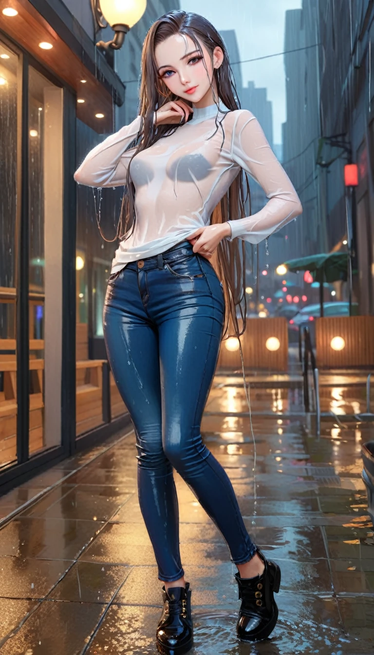 ((best quality, masterpiece:1.3, 8K)), (detailed), highly detailed face and skin texture, detailed eyes, downtown, rain. raining, in the rain, full body, seductive pose, slender body, 1girl, 25 years old, white skin, bright lips, seductive smile, long hair, wet hair, (forehead:1.0), stylish top, jeans pants, skinny jeans, blue jeans, footwear, soaking wet clothes,