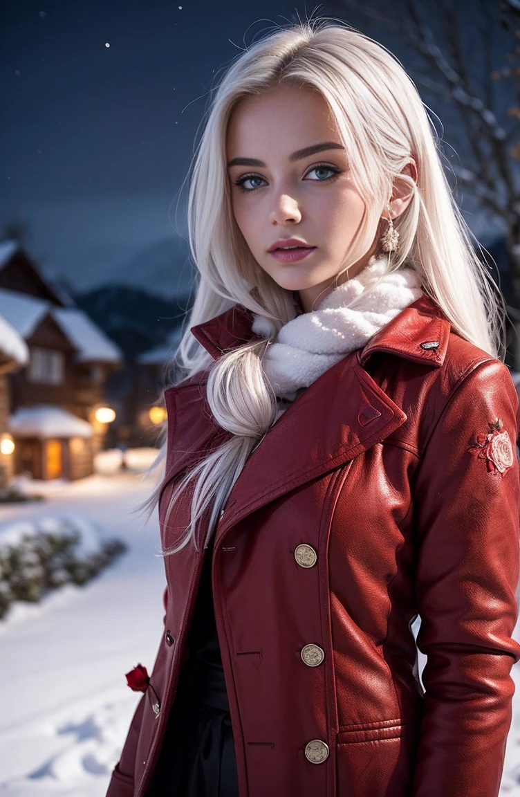 background, a snowy village, winter night, northern lights. Middle ground: an ultra hot european woman, age 23, white hair, (facing the camera). ((foreground: (blurry) red roses))